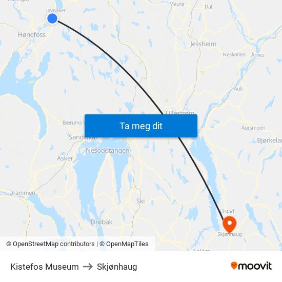 Kistefos Museum to Skjønhaug map