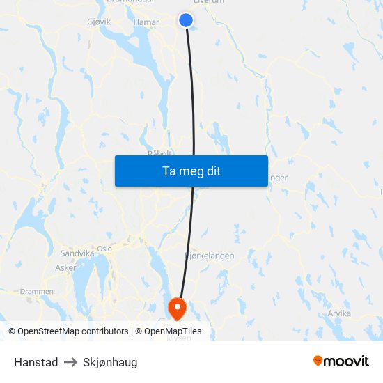 Hanstad to Skjønhaug map