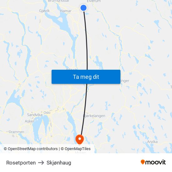 Rosetporten to Skjønhaug map