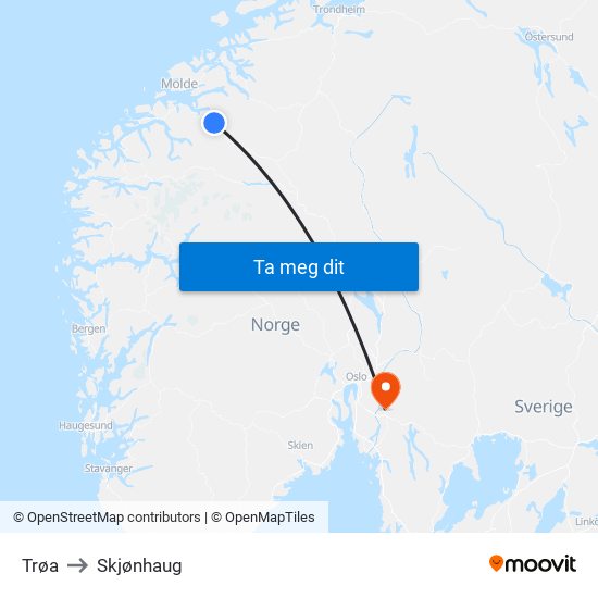 Trøa to Skjønhaug map