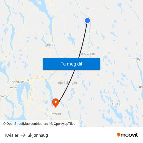 Kvisler to Skjønhaug map
