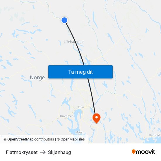 Flatmokrysset to Skjønhaug map