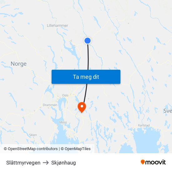 Slåttmyrvegen to Skjønhaug map