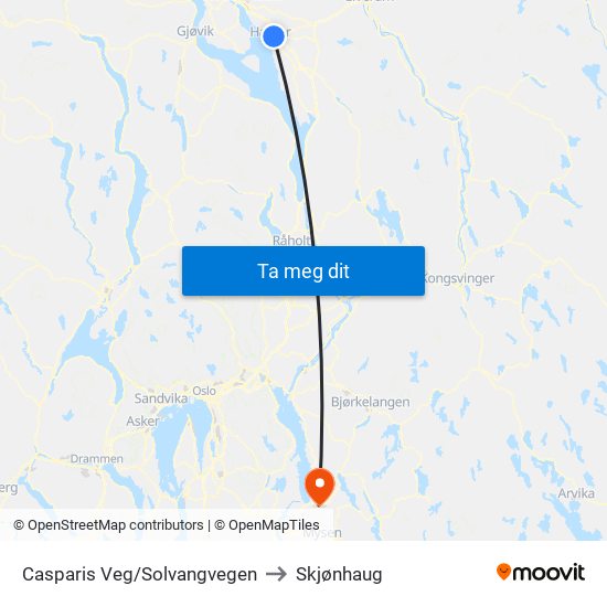 Casparis Veg/Solvangvegen to Skjønhaug map