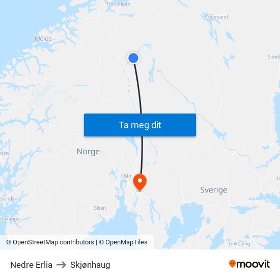 Nedre Erlia to Skjønhaug map