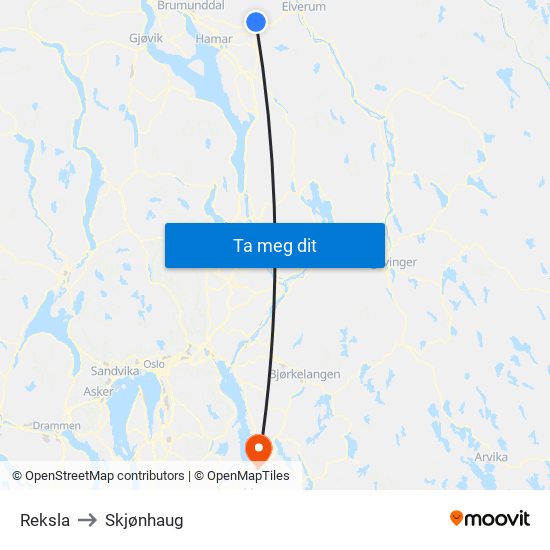 Reksla to Skjønhaug map