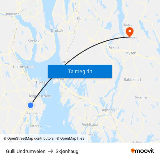 Gulli Undrumveien to Skjønhaug map