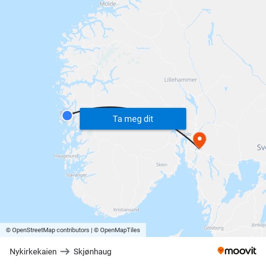 Nykirkekaien to Skjønhaug map