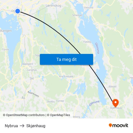 Nybrua to Skjønhaug map