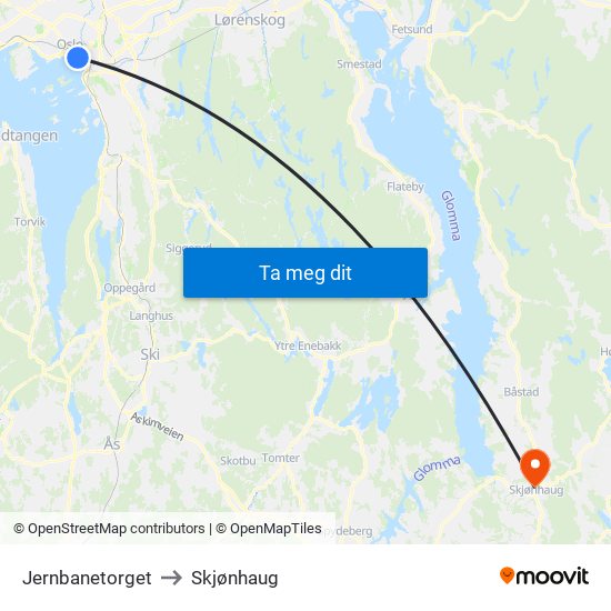 Jernbanetorget to Skjønhaug map
