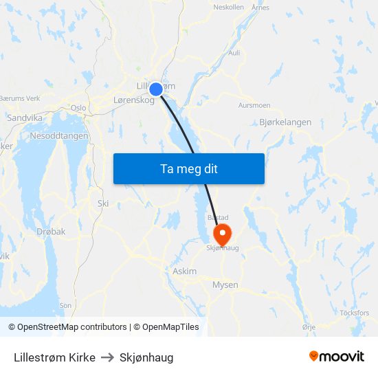 Lillestrøm Kirke to Skjønhaug map