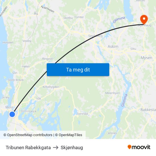 Tribunen Rabekkgata to Skjønhaug map