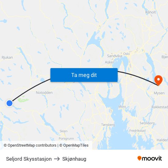 Seljord Skysstasjon to Skjønhaug map