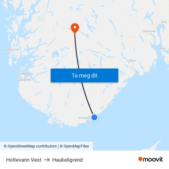 Holtevann Vest to Haukeligrend map