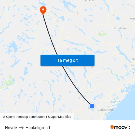 Hovde to Haukeligrend map