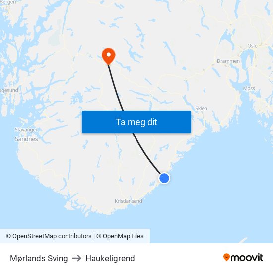 Mørlands Sving to Haukeligrend map