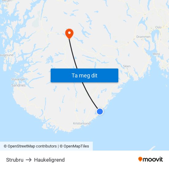 Strubru to Haukeligrend map