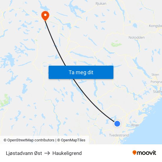 Ljøstadvann Øst to Haukeligrend map