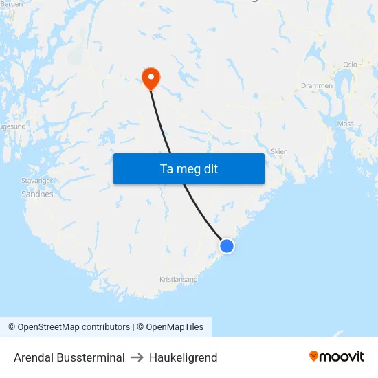 Arendal Bussterminal to Haukeligrend map