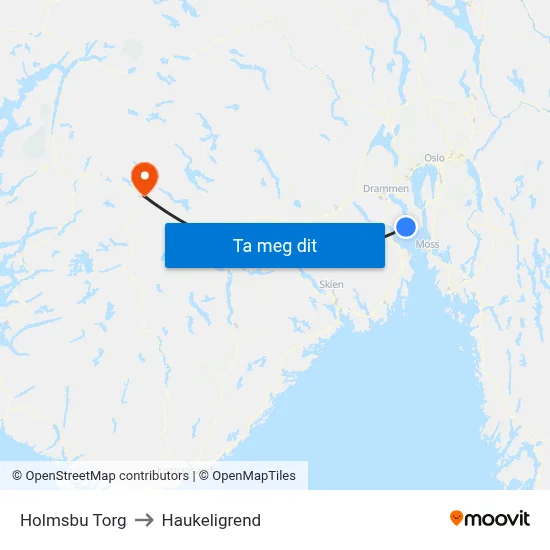 Holmsbu Torg to Haukeligrend map