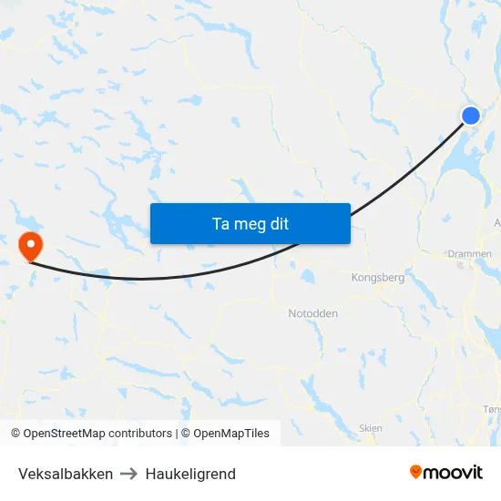 Veksalbakken to Haukeligrend map