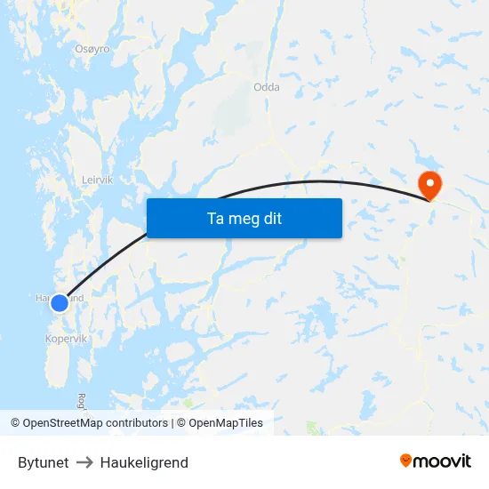 Bytunet to Haukeligrend map