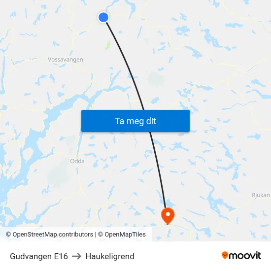 Gudvangen E16 to Haukeligrend map