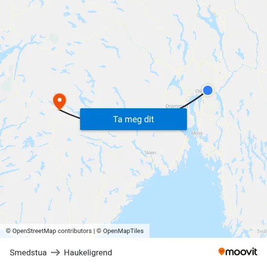 Smedstua to Haukeligrend map