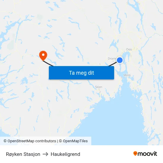 Røyken Stasjon to Haukeligrend map