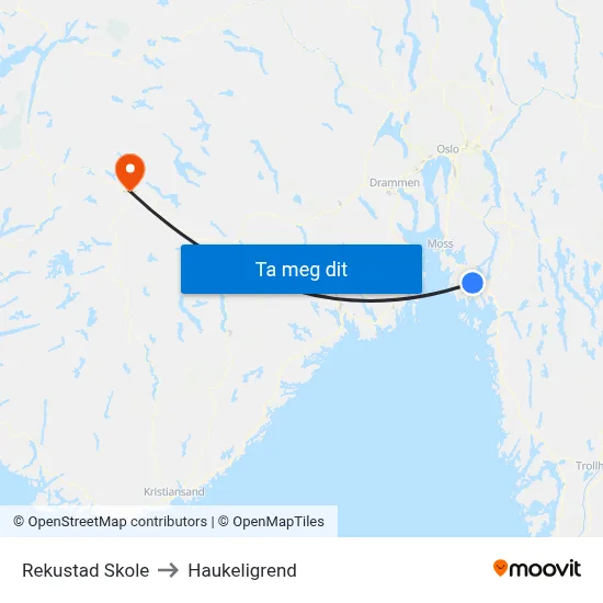Rekustad Skole to Haukeligrend map