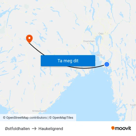 Østfoldhallen to Haukeligrend map