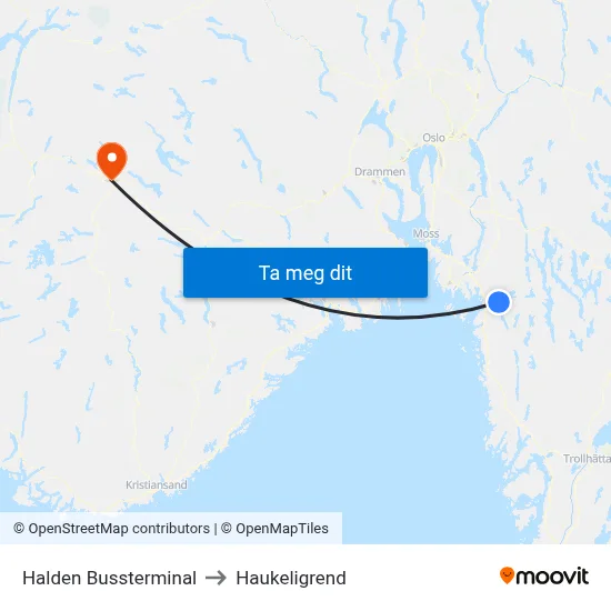 Halden Bussterminal to Haukeligrend map