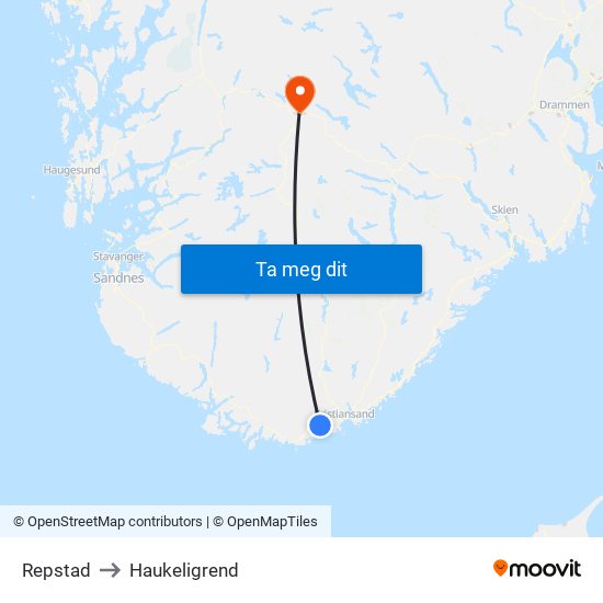 Repstad to Haukeligrend map