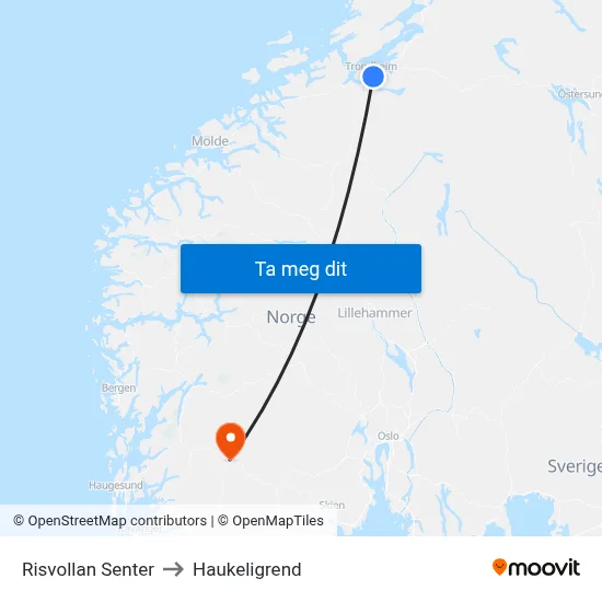 Risvollan Senter to Haukeligrend map