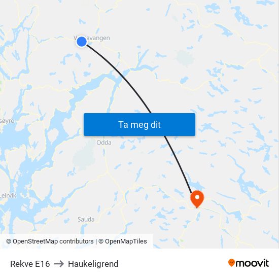 Rekve E16 to Haukeligrend map