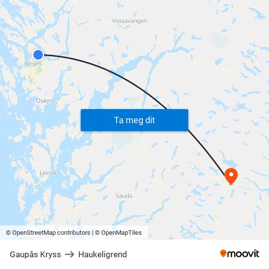 Gaupås Kryss to Haukeligrend map