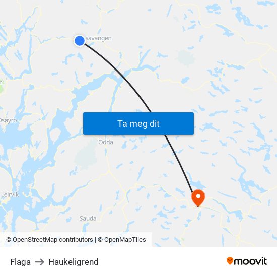 Flaga to Haukeligrend map