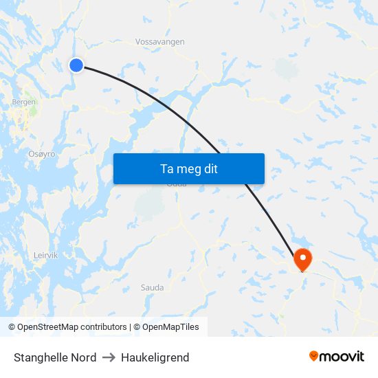 Stanghelle Nord to Haukeligrend map