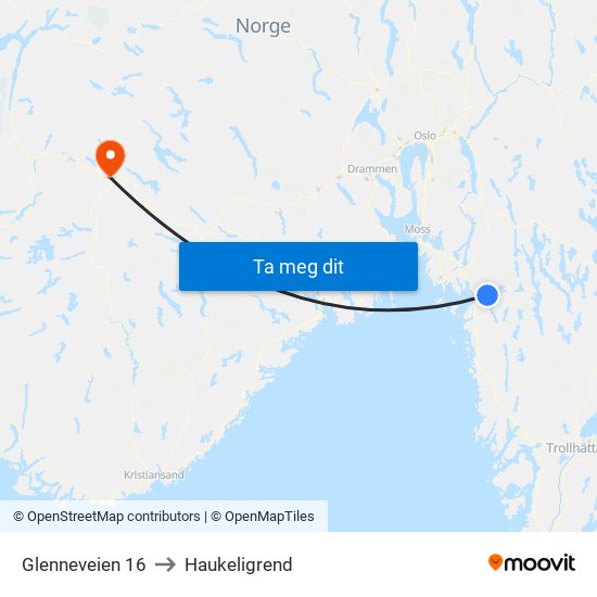 Glenneveien 16 to Haukeligrend map