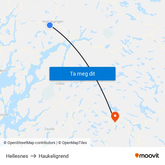 Hellesnes to Haukeligrend map