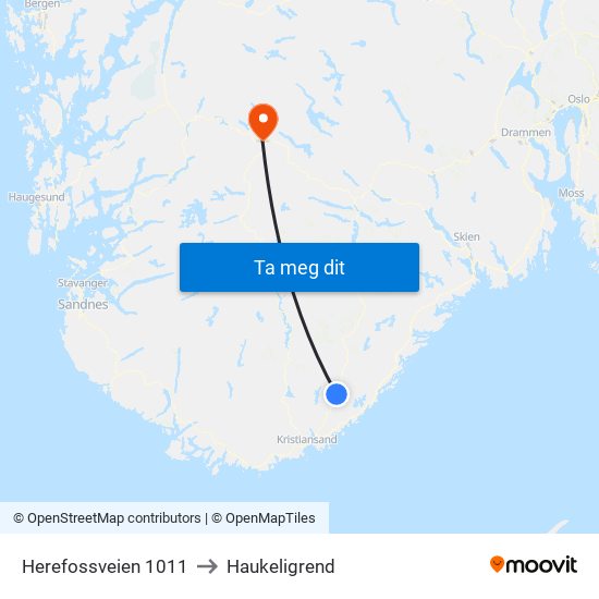 Herefossveien 1011 to Haukeligrend map