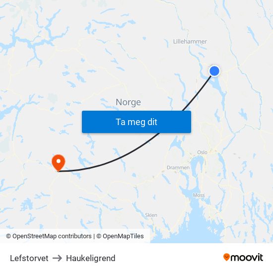 Lefstorvet to Haukeligrend map