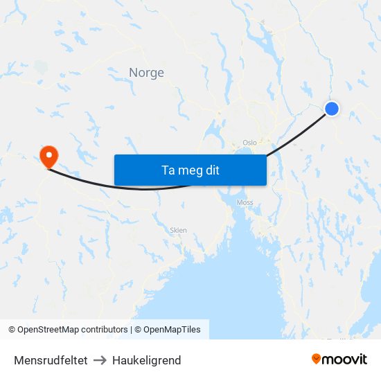 Mensrudfeltet to Haukeligrend map