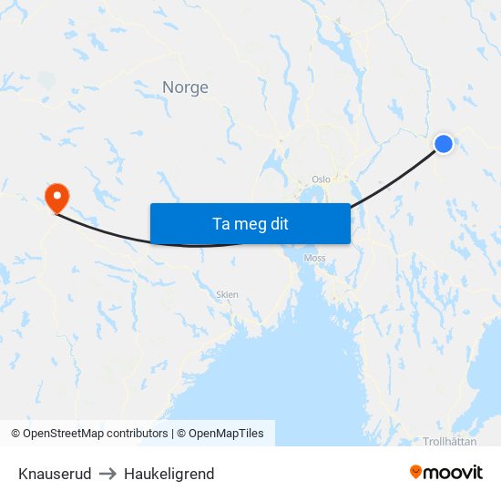 Knauserud to Haukeligrend map