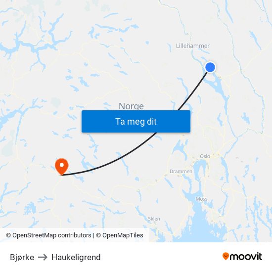 Bjørke to Haukeligrend map