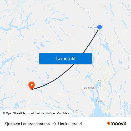 Sjusjøen Langrennsarena to Haukeligrend map