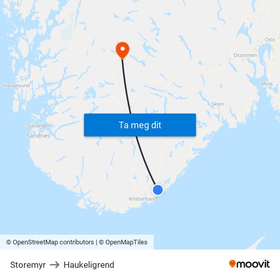 Storemyr to Haukeligrend map