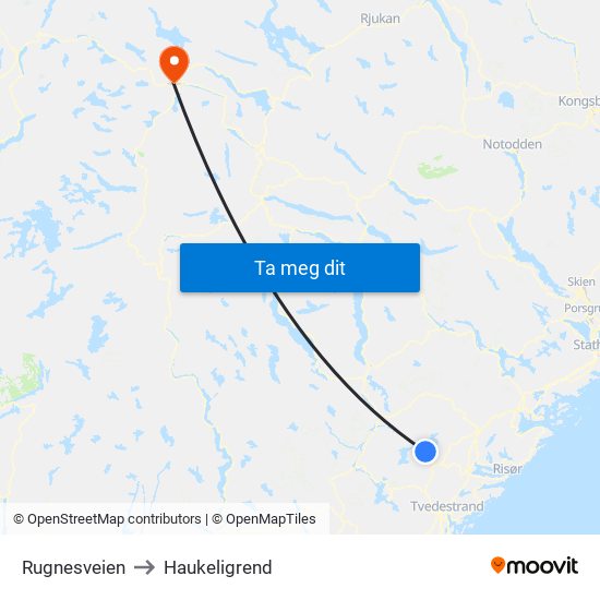 Rugnesveien to Haukeligrend map