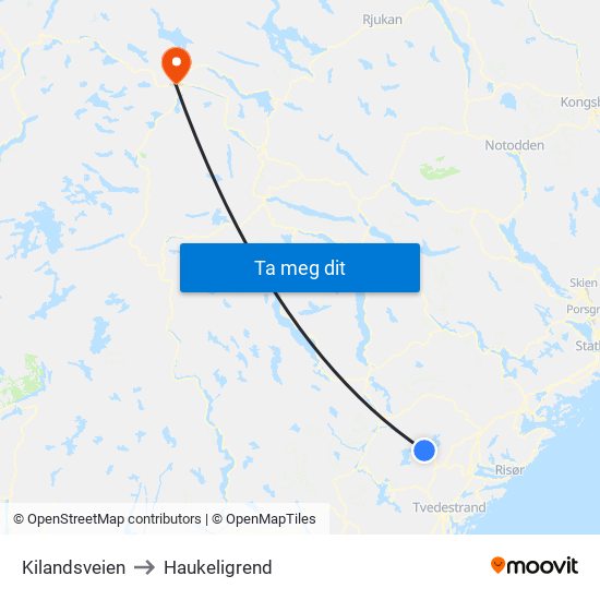 Kilandsveien to Haukeligrend map