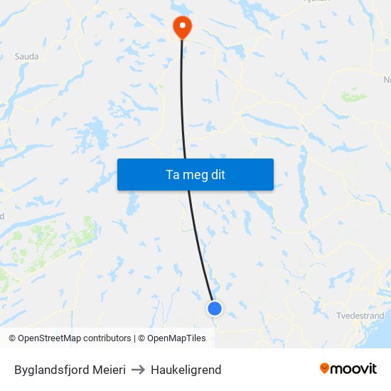 Byglandsfjord Meieri to Haukeligrend map